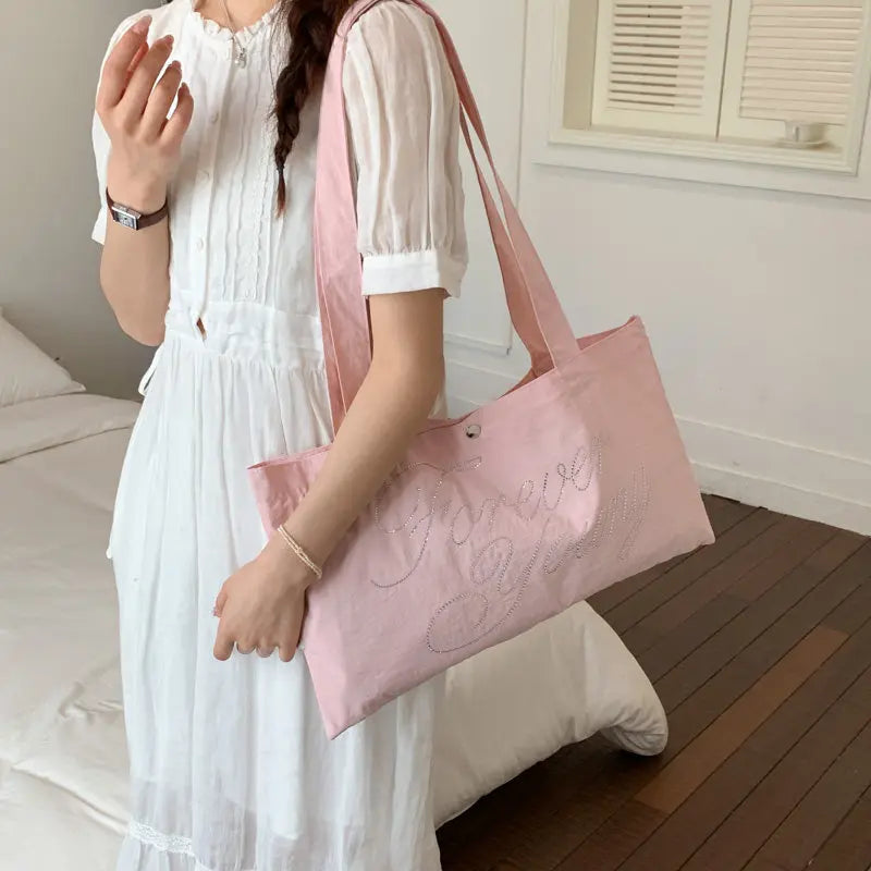 Embroidered Heart Canvas Shoulder Tote Bag – Large Women's
