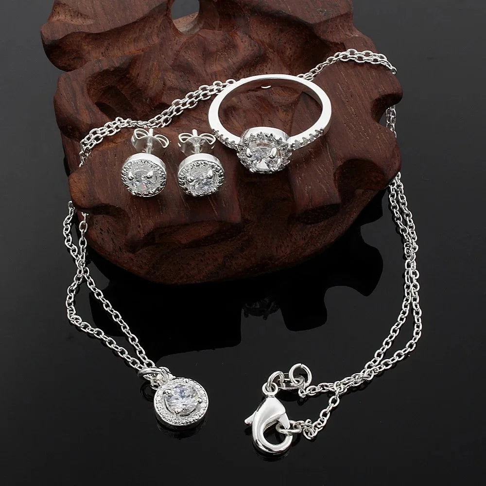 Zircon Crystal Silver Necklace Ring & Earrings 3-Piece Set
