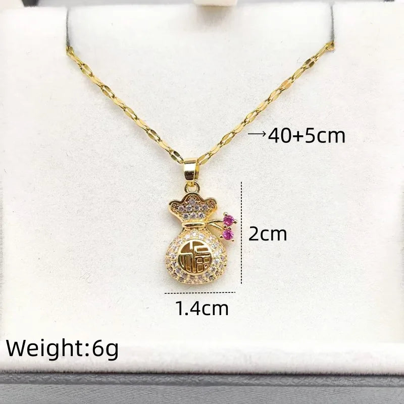 Lucky Bag Copper Pendant Zircon Necklace – Gold Clavicle Chain