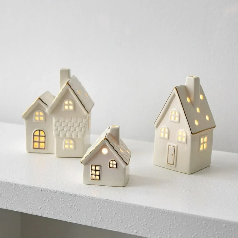 LED Light-Up Ceramic Christmas Village Houses | White Porcelain