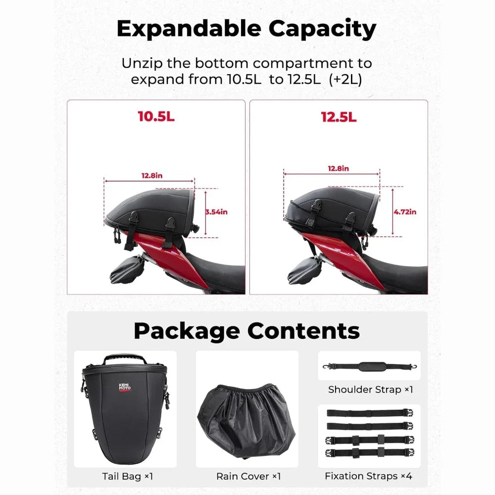 KEMITOUR 12.5L Waterproof Expandable Motorcycle Tail Saddle Bag