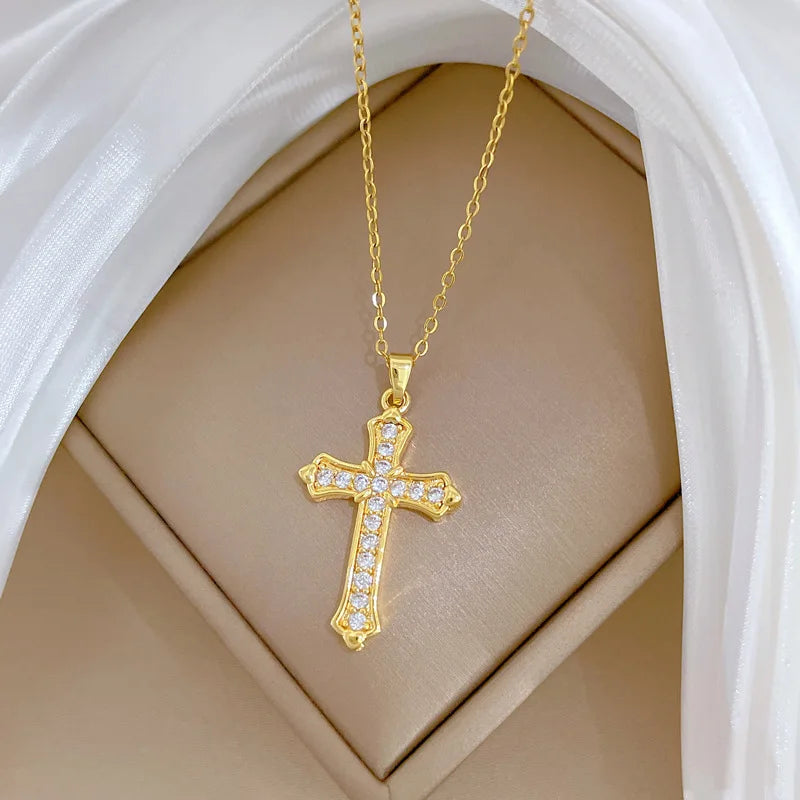 Women's Gold Cross Pendant Necklace – Zircon & Stainless Steel