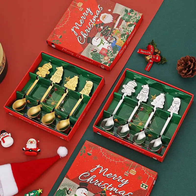 Christmas Stainless Steel Spoon Set 4Pcs – Santa Snowman Tree