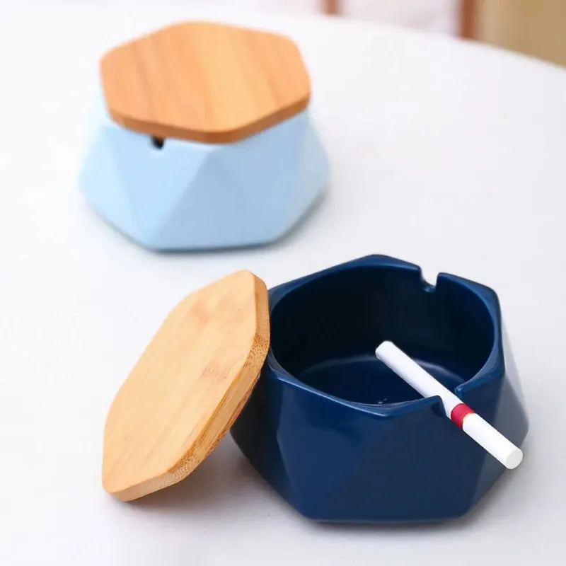 Modern Ceramic Ashtray with Bamboo Lid | Desktop Décor