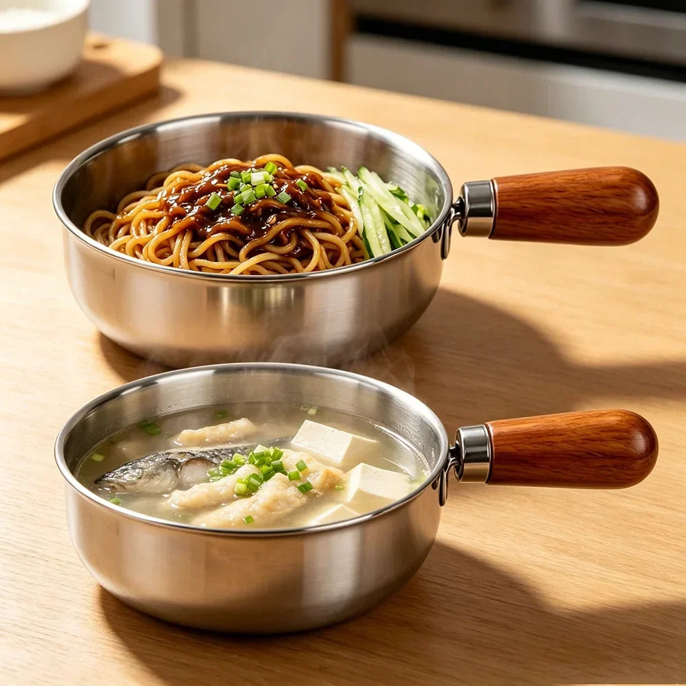Stainless Steel Milk Pot Glass Lid & Wooden Handle – Induction