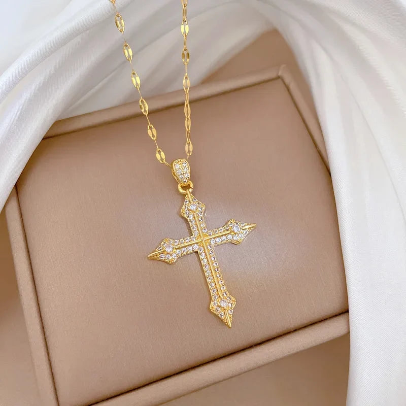 Women's Gold Cross Pendant Necklace – Stainless Steel Choker