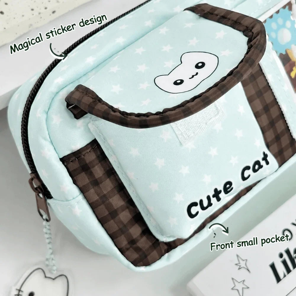 Mint Chocolate Cat Print Pencil Case – Large Capacity
