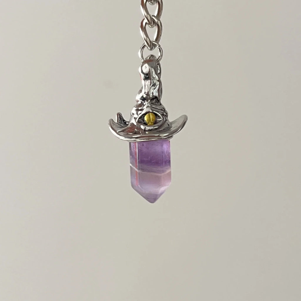 Natural Amethyst Hexagonal Crystal Witch Hat Pendant Necklace