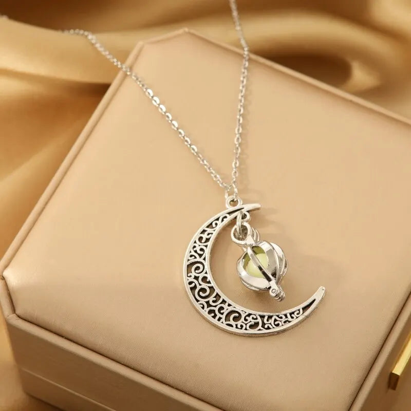 Silver-Tone Moon & Pumpkin Pendant Necklace | Light Luxury Style