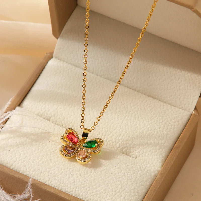 Zircon Butterfly Pendant Necklace Women | Gold Stainless Steel