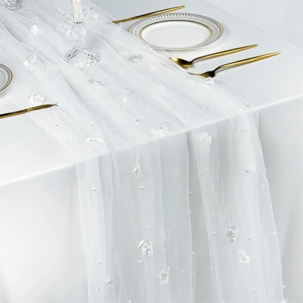 Tulle Table Runner 75x300cm Sheer Floral Embroidered Décor