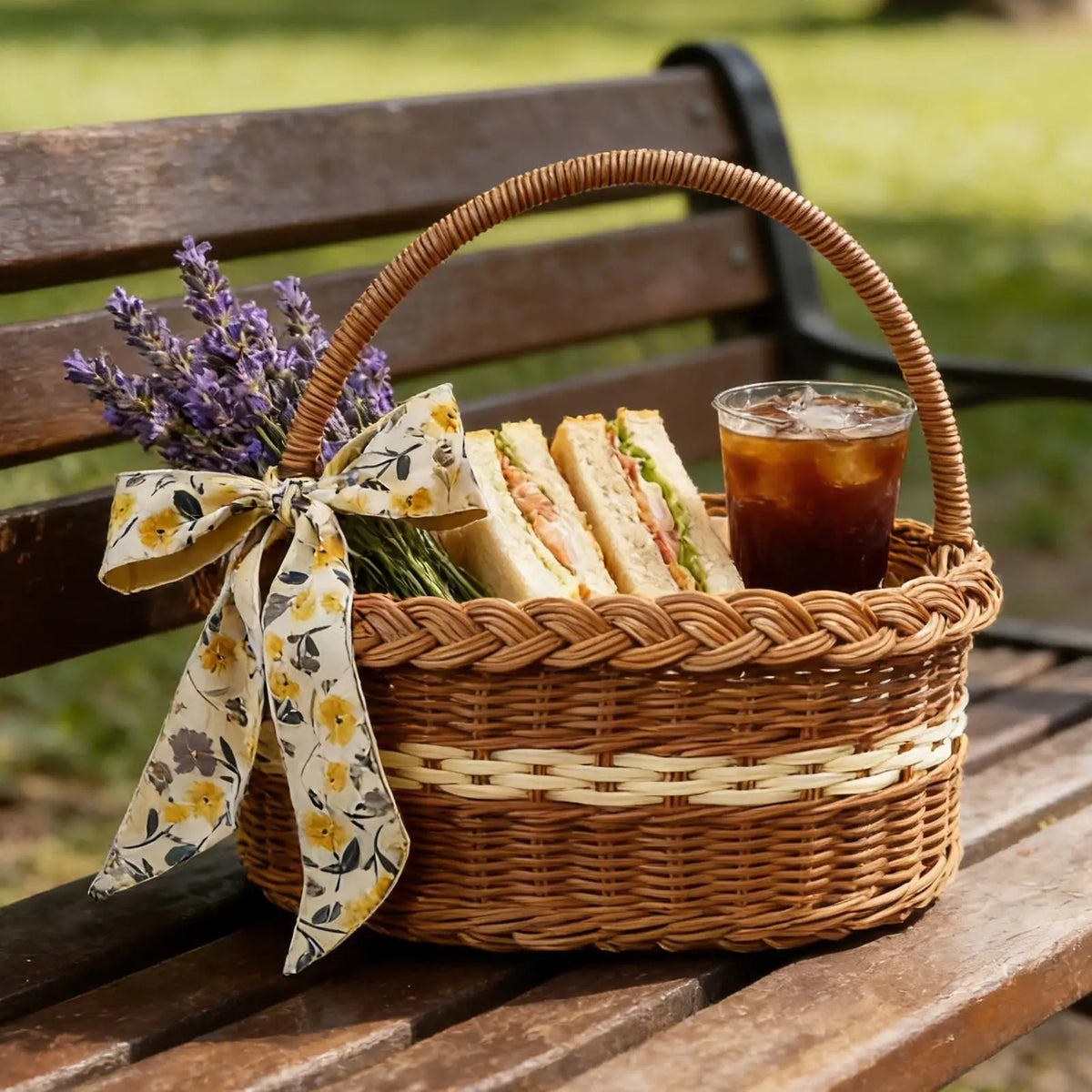 Woven Picnic Basket with Handle & Ribbon | Rattan-Look Hamper