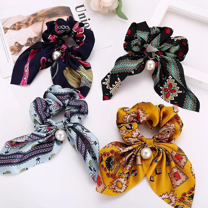 Chiffon Pearl Bow Hair Scrunchies – Women's Ponytail Holder