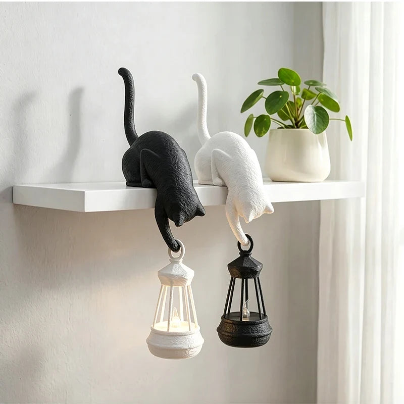Witchy Gothic Cat Shelf Sitter Statue with Hanging Lantern