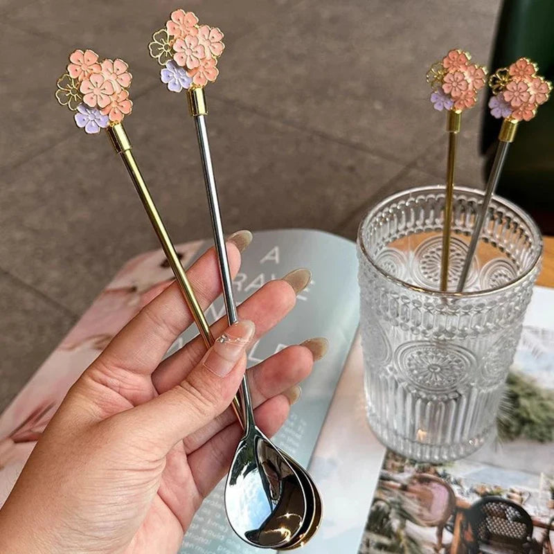 Stainless Steel Cherry Blossom Dessert Spoons, Set of 2