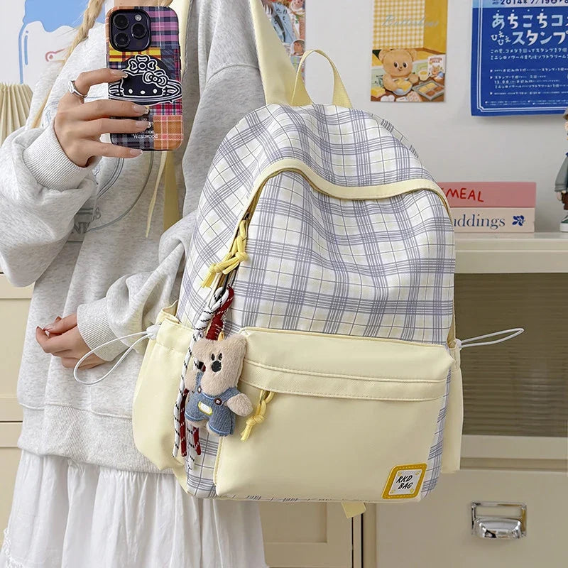 Korean Plaid Large Capacity Backpack for Women | School & Travel