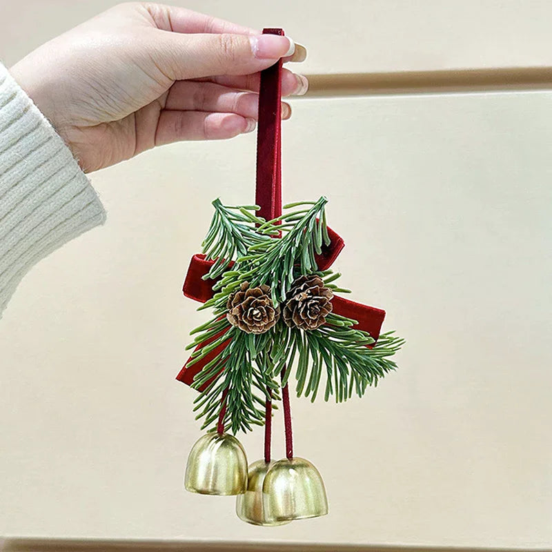 Christmas Jingle Bell Door Hanger – Velvet Bow & Pine Cone Ornament