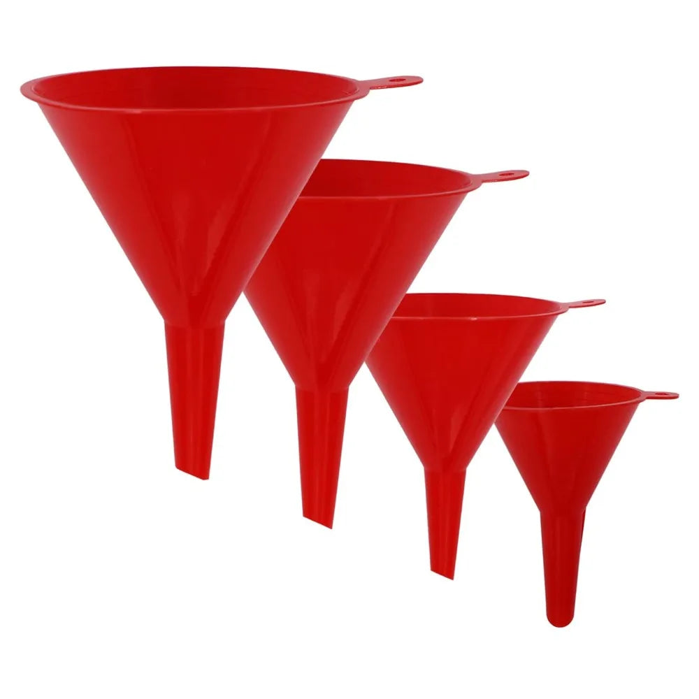 Red Plastic Funnel Set 4 Sizes – Kitchen & Automotive Kit