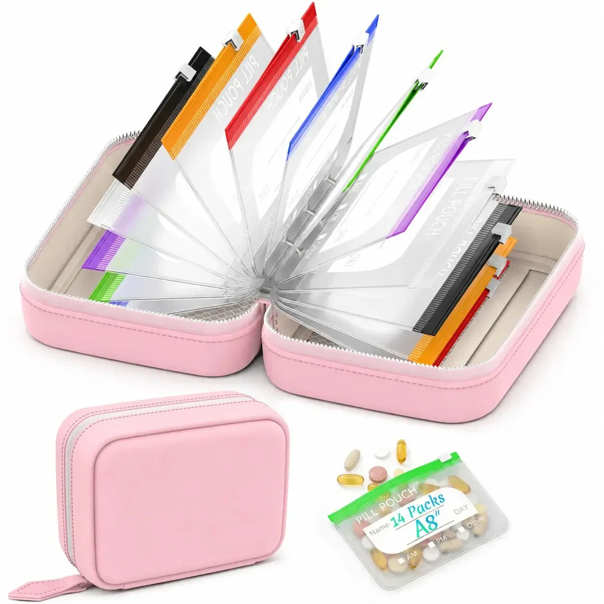 Waterproof 7-Day Twice-Daily Pill Organizer – 14 Color-Coded Pouches