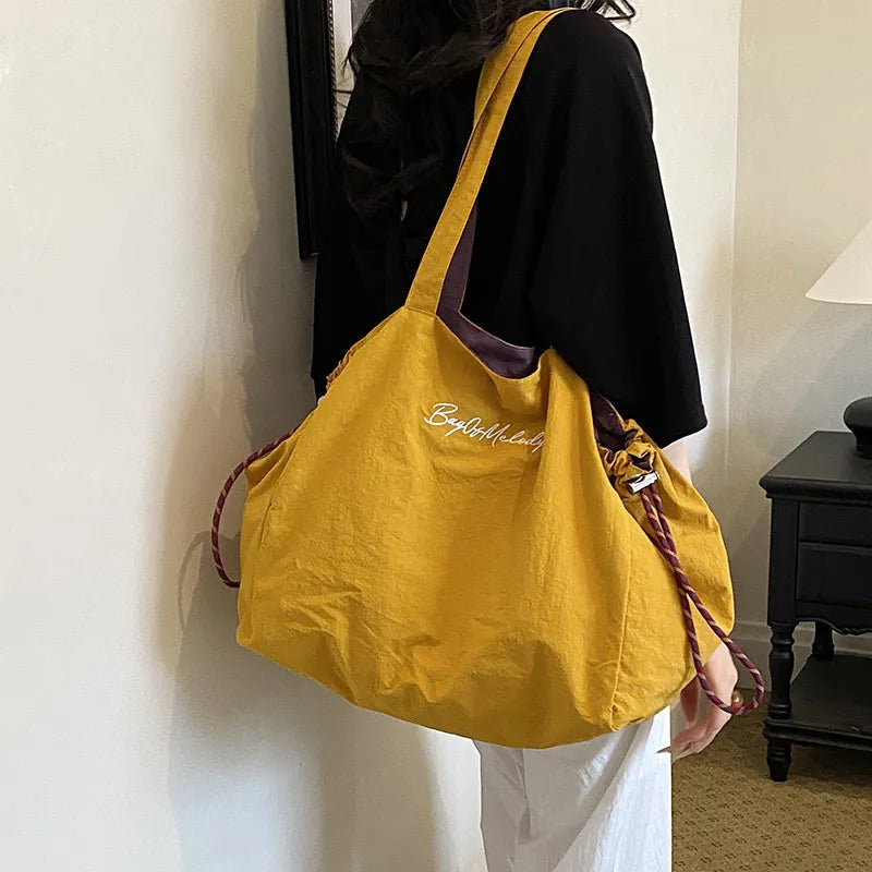 Women's Reversible Canvas Drawstring Shoulder Tote Bag