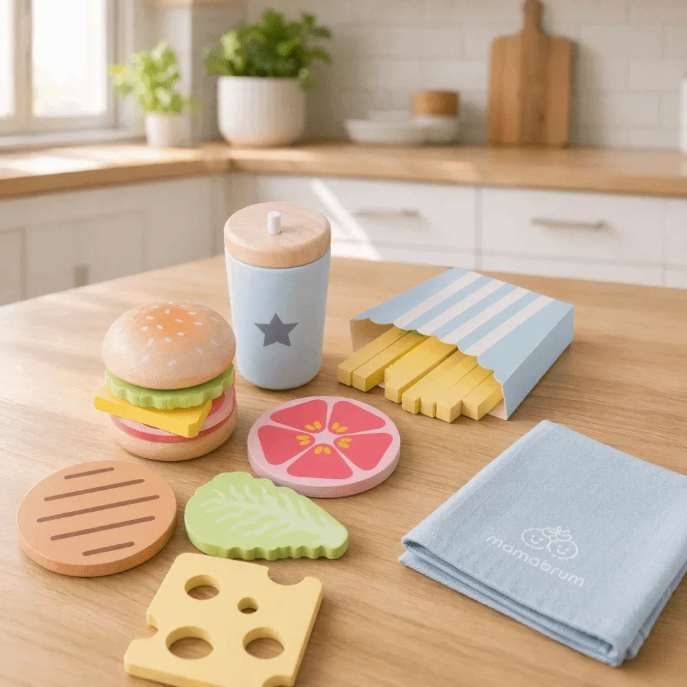 Wooden Pretend Play Kitchen Cooking Set for Kids Age 3+