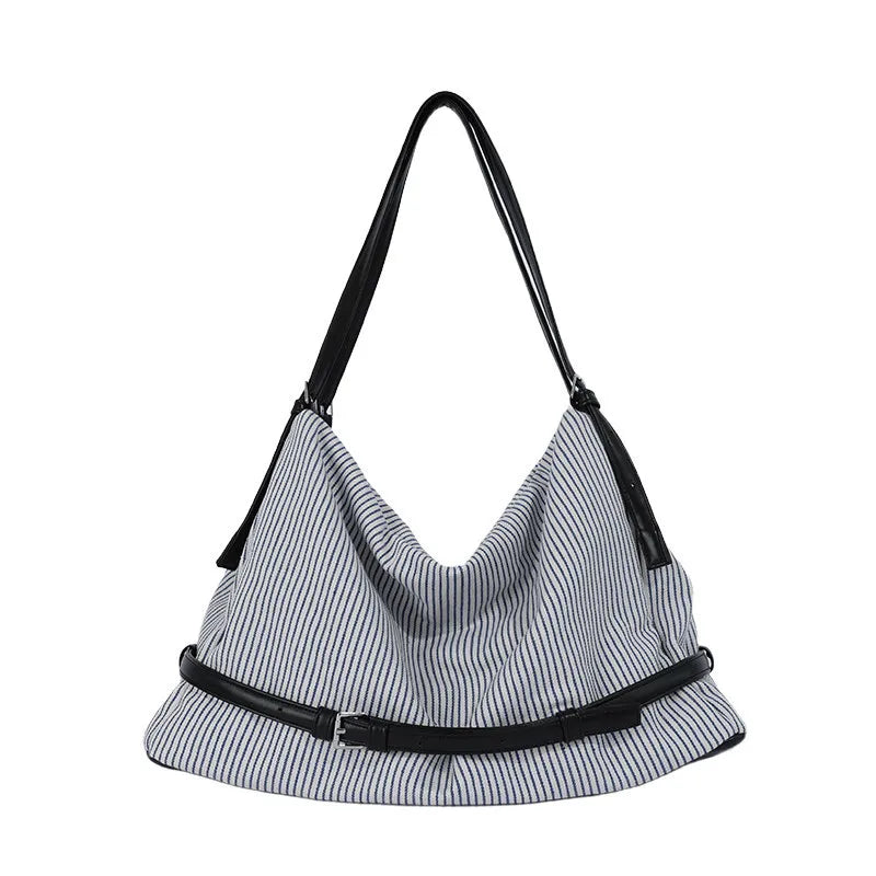Korean Striped Canvas Tote Bag – Large Women's Shoulder Bag