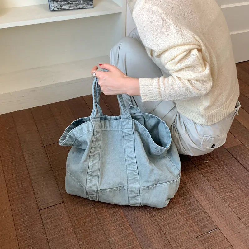 Japanese Minimalist Denim Canvas Tote Bag – Large Capacity