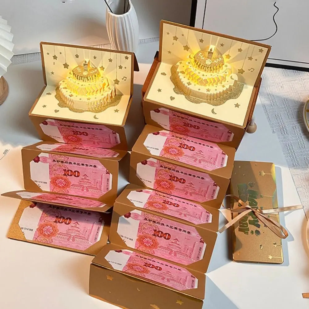 3D Pop-Up Birthday Cake Money Card – LED Light & 6 Slots