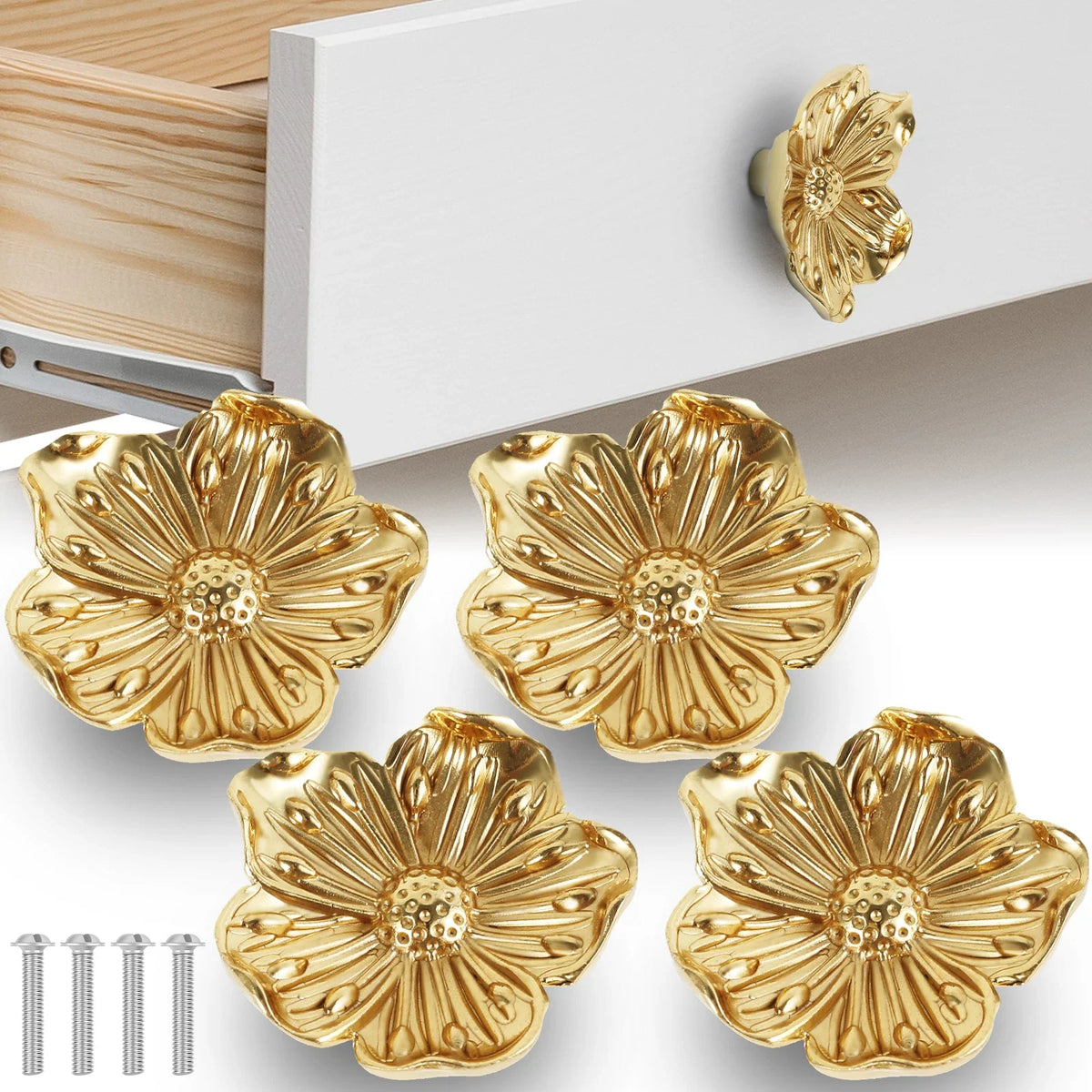 Brass Vintage Flower Cabinet Knobs | Set of 4 Drawer Pulls