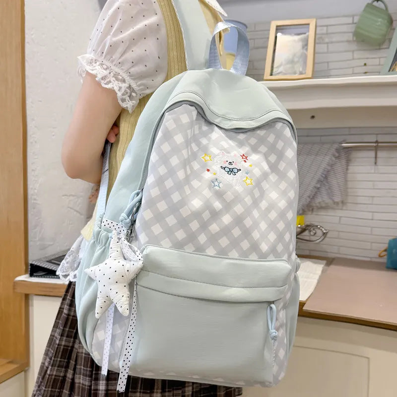 Korean Plaid Embroidered Backpack for Women – Large Capacity
