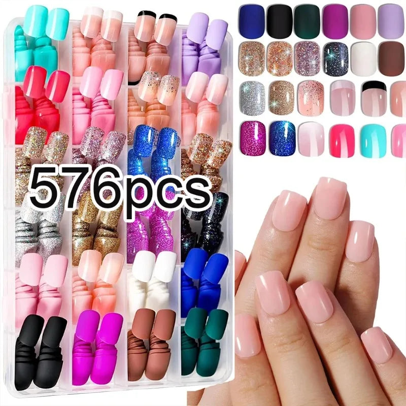 576pcs Press On Fake Nails Mixed Shapes Colorful Full Cover Tips