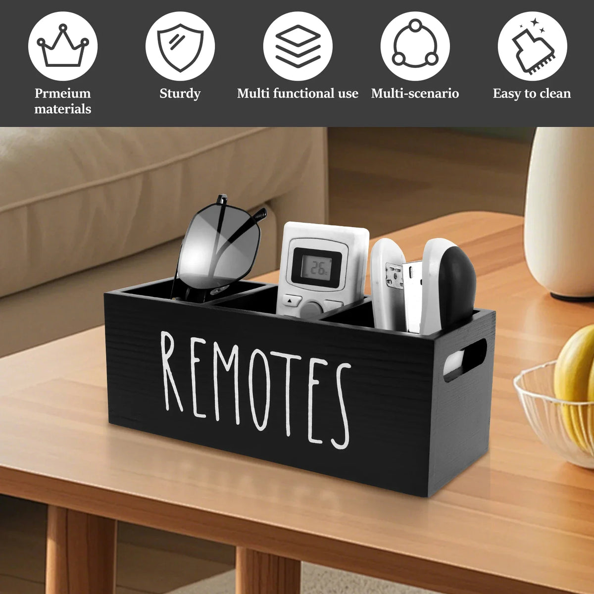 Wooden TV Remote Holder – 3-Compartment Desk Organizer