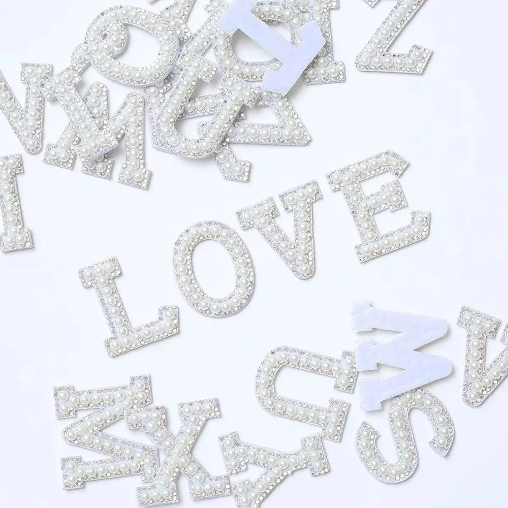 Pearl Rhinestone Letter Patches – Adhesive Non-Woven Appliqué
