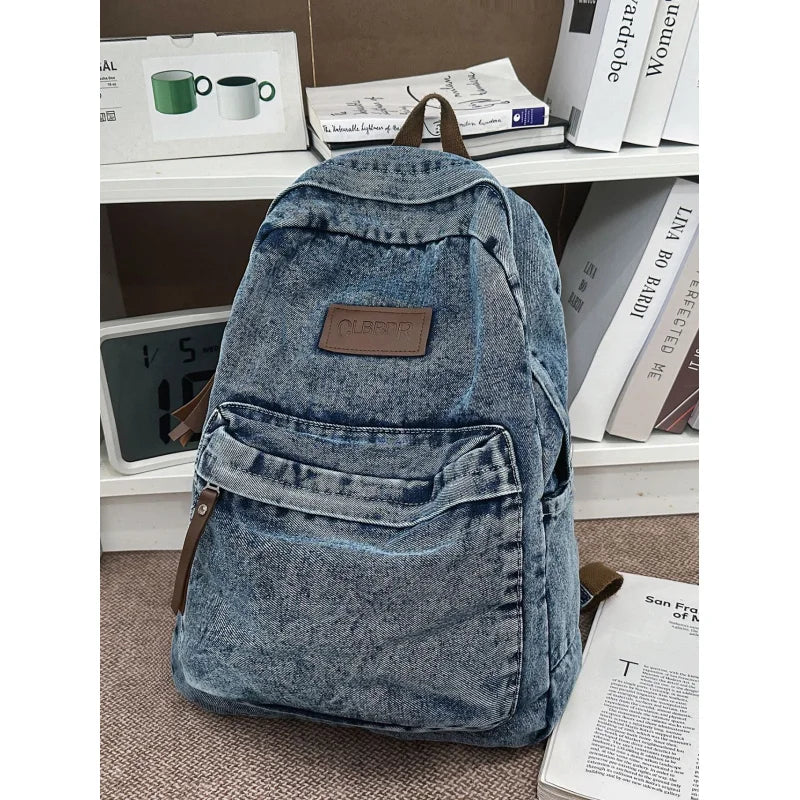 Vintage Denim Canvas Backpack – Unisex School & Travel Bag