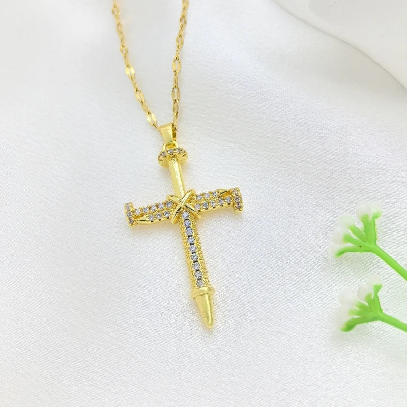 Women's Gold Cross Pendant Necklace – Copper & Stainless Steel