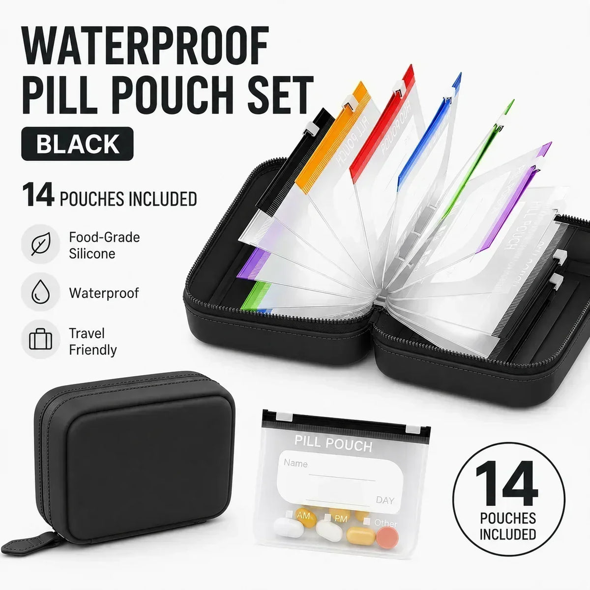 Compact Pill Organizer – 14 Zipper Pouches & Binder Case
