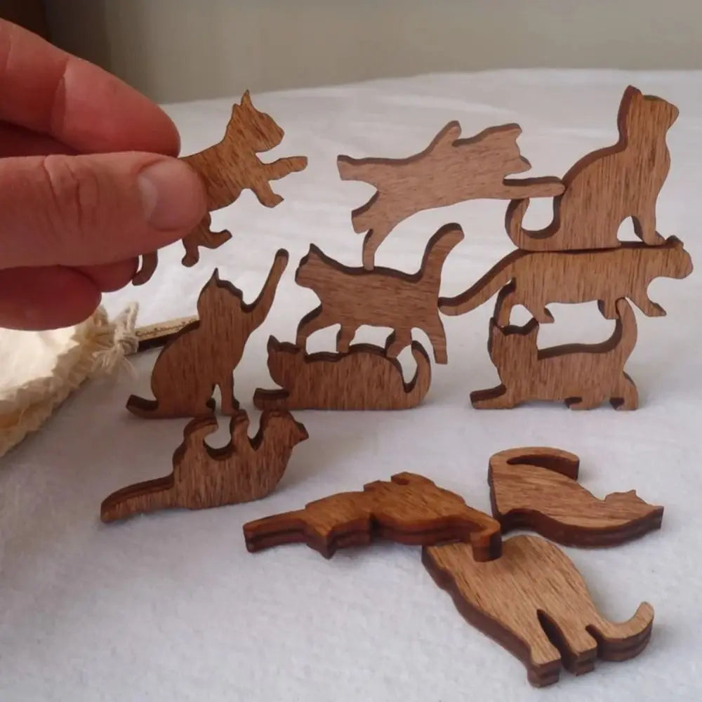 Wooden Stacking Cat Figurines – 12 Pcs Mini Desk Ornament Set