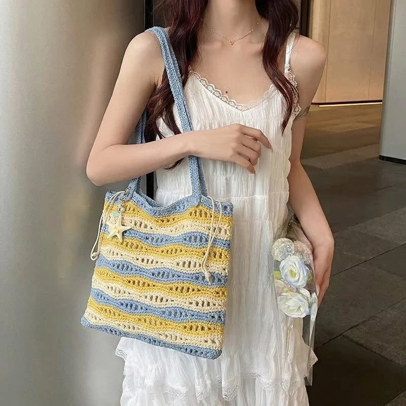 Women's Large Crochet Tote – Two-Tone Striped Shoulder Bag
