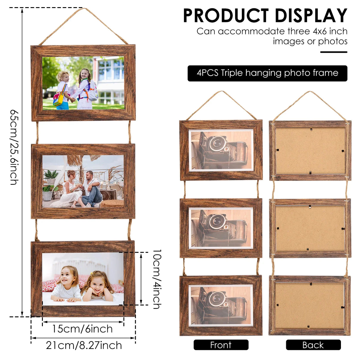4-Pack Triple Wall Hanging Collage Photo Frames – Rustic Wood