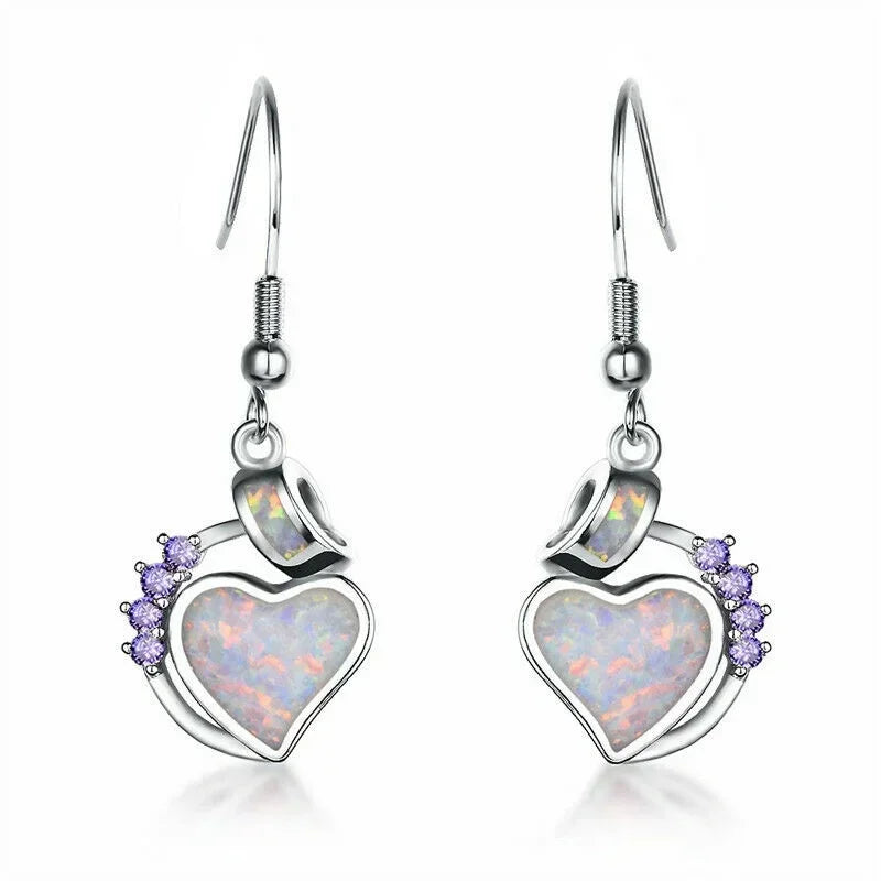 White Simulated Opal Heart Stud Earrings | Rhinestone Drop