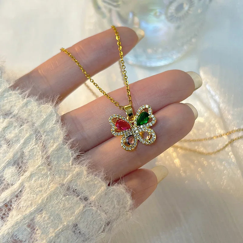 Zircon Butterfly Pendant Necklace Women | Gold Stainless Steel