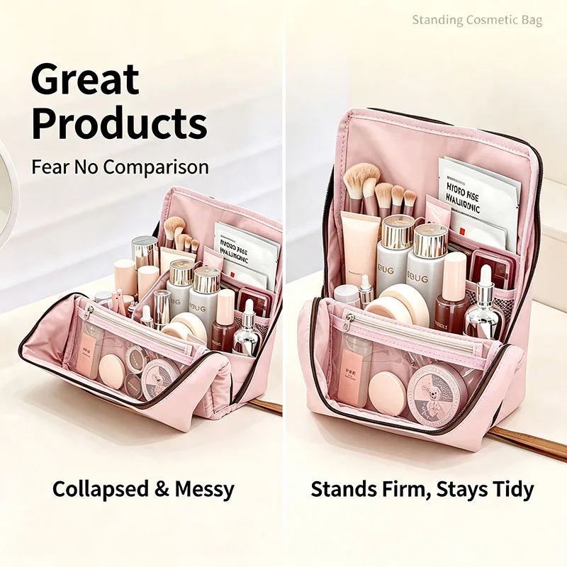 Standing Travel Makeup Brush Bag – Large Capacity Cosmetic Organizer