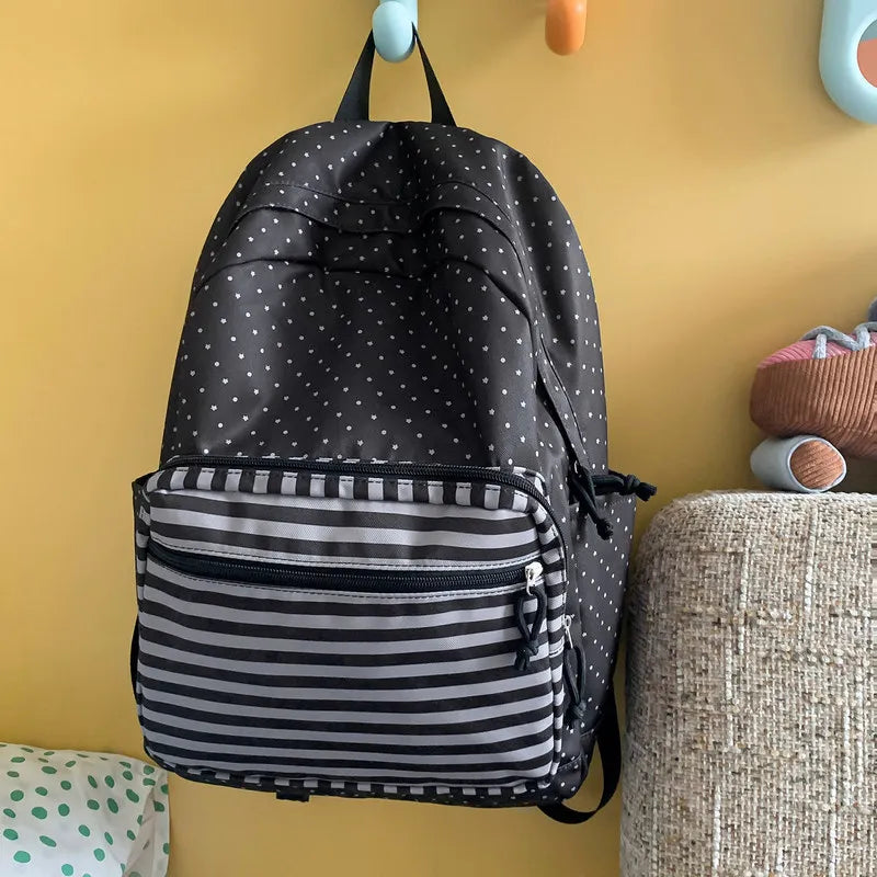 Korean Striped Patchwork Backpack – Large Capacity School Bag