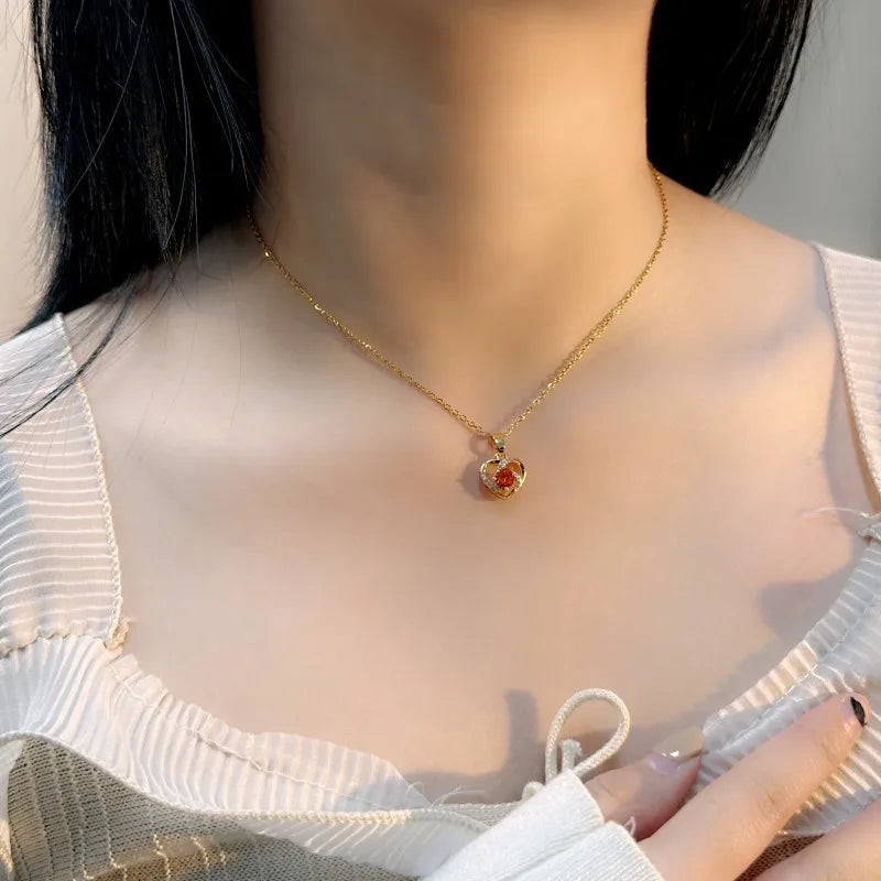 Heart Shaped Copper Pendant Necklace | Zircon Collarbone Chain