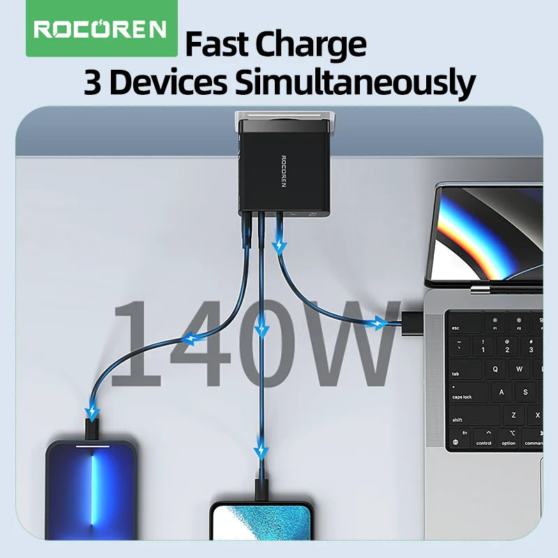 Rocoren 140W GaN USB-C Charger PD 3.1 QC 4.0 | MacBook & iPhone