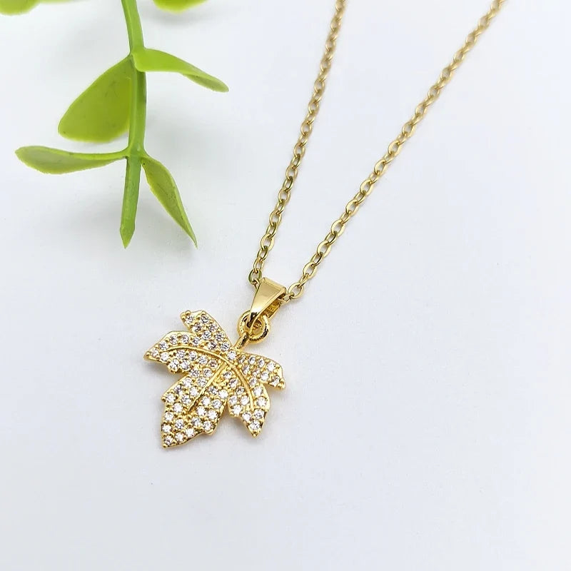 Zircon Leaf Pendant Necklace – Gold & Silver Clavicle Chain