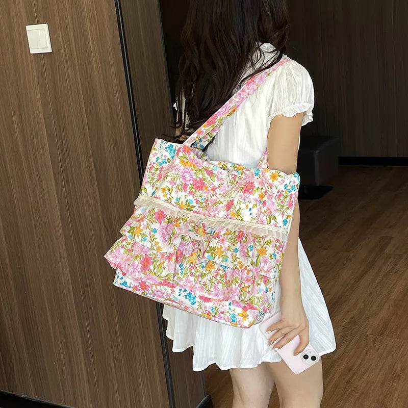 French Floral Drawstring Tote Bag – Lace Trim Canvas Shoulder Bag