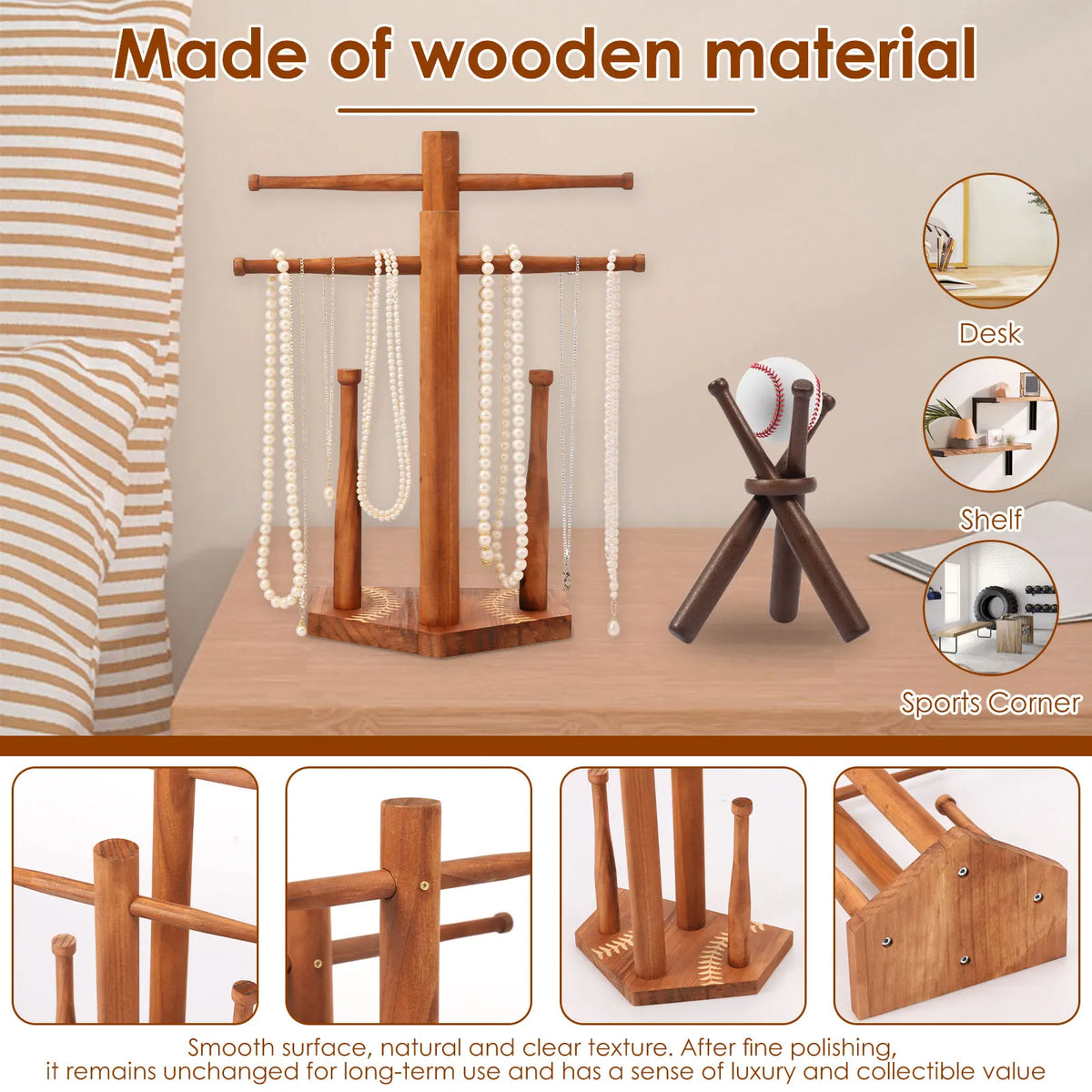 Wood Baseball Ring & Necklace Display Stand with Baseball Stand