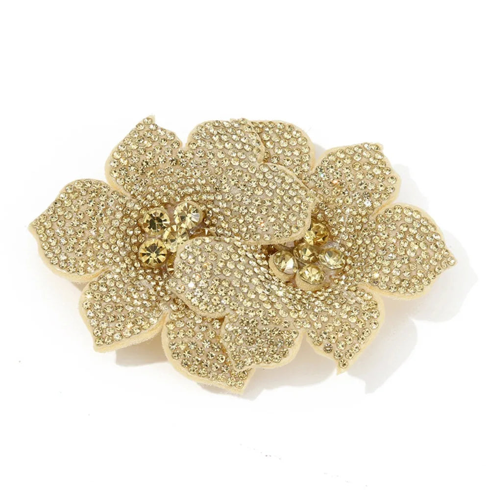 3D Camellia Rhinestone Flower Patch – Sparkling Brooch Appliqué