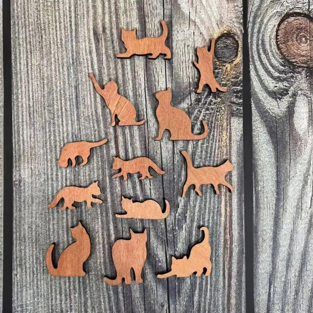 Wooden Stacking Cat Figurines – 12 Pcs Mini Desk Ornament Set